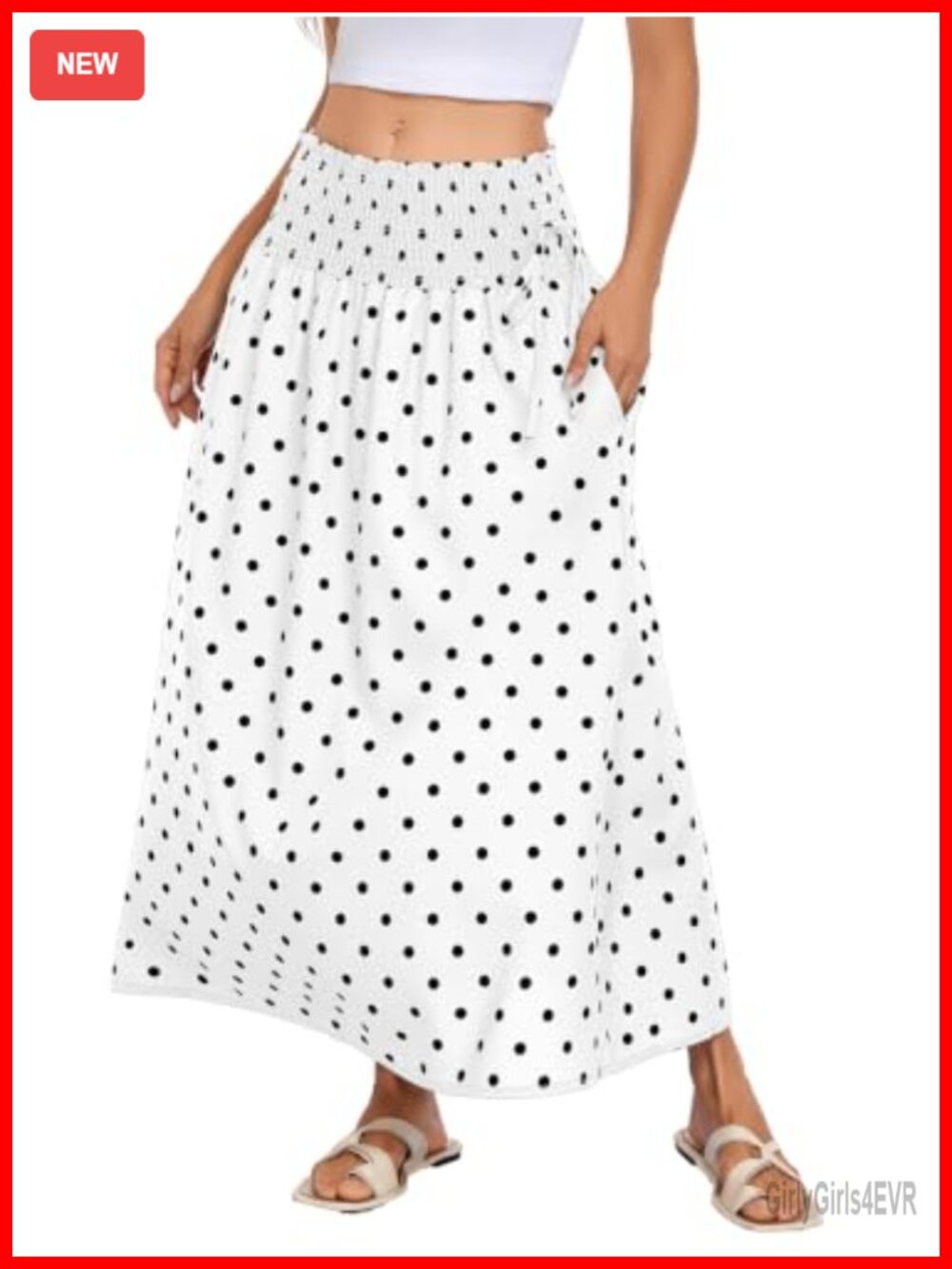 Polka Dot Smocked Maxi Skirt Flowy A-Line Vacation Long Skirt